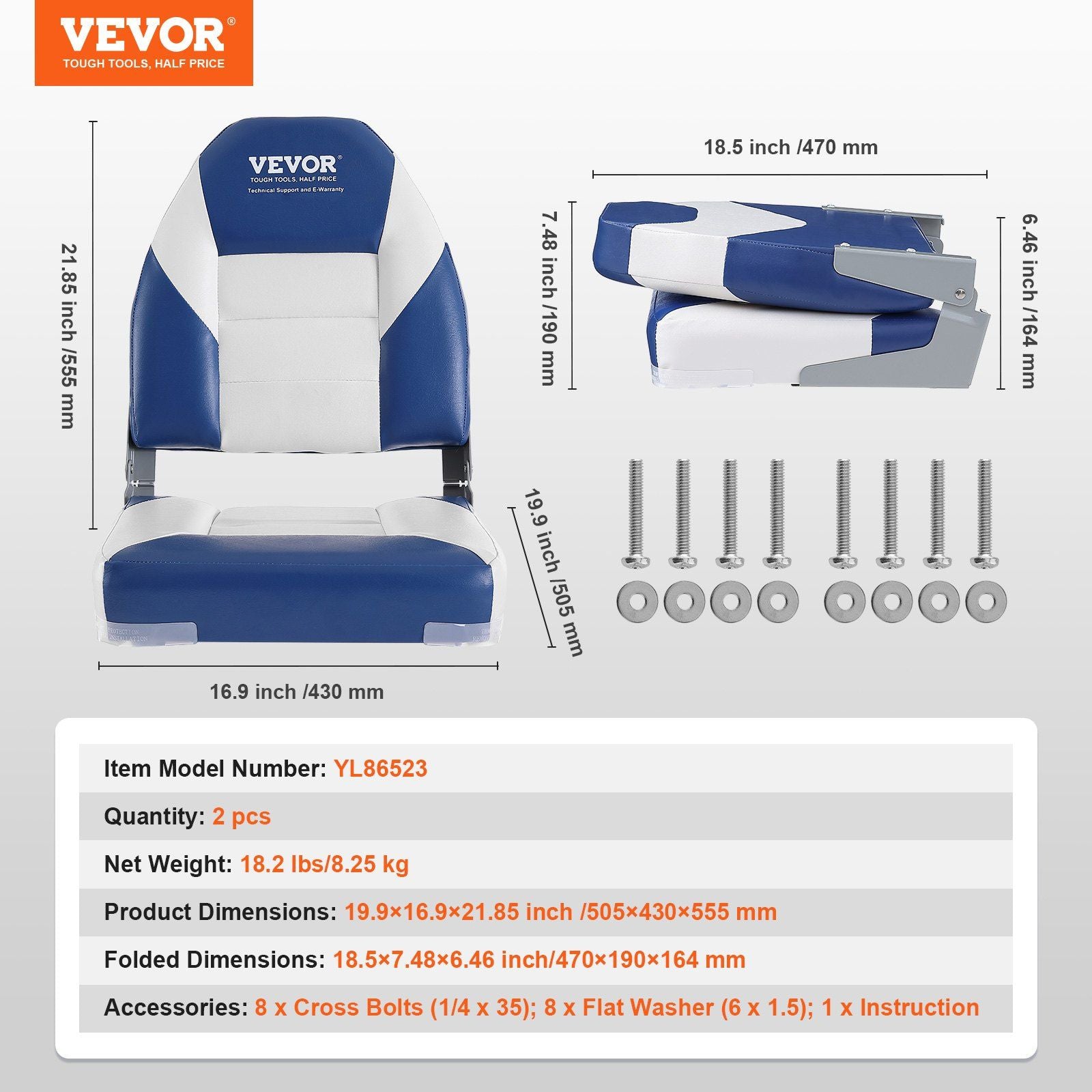 VEVOR Boat Seats, 21.85" High Back Boat Seat, Folding Boat Chair with Thickened Sponge Padding and Hinge, Fold-Down Boat Captain Chairs for Fishing Boat, Sightseeing Boat, Speedboat, Canoe, 2-Pack - JM Variety Store